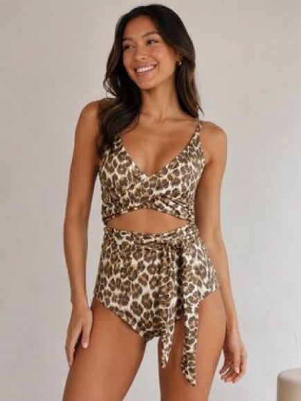 Aerie Wrap One Piece Full Coverage Swim Suit Leopard Print S Cutout Wrap